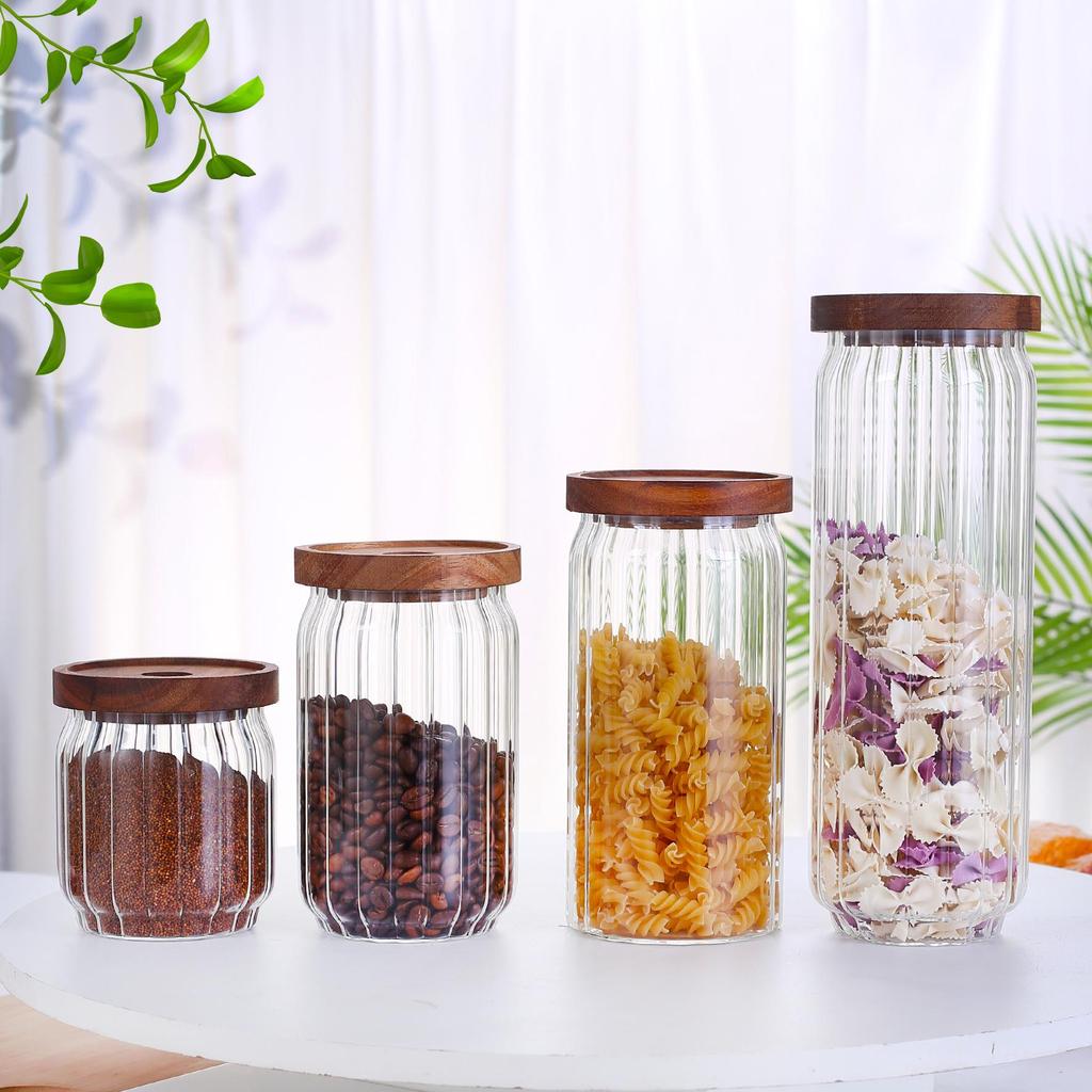 Wave Stripe Glass Storage Jar with Wood Lid for Coffee Beans