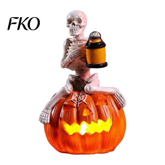 Glow In The Dark Skeleton Halloween Pumpkin Figurine, LED Light-Up Decorative Lantern, Spooky Night Decor Holiday Decoration for Parties &