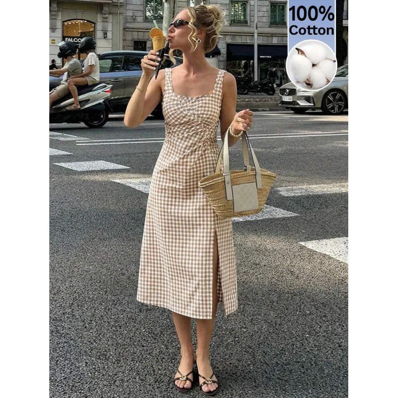 European summer French retro temperament casual plaid sleeveless square neck medium and long split dress XS