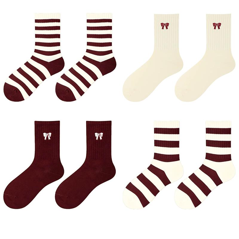 Ancora Women's Mid Tube Pure Cotton Socks Korean Style Bow Embroidery  Warm Breathable Festive New Year Girls Socks