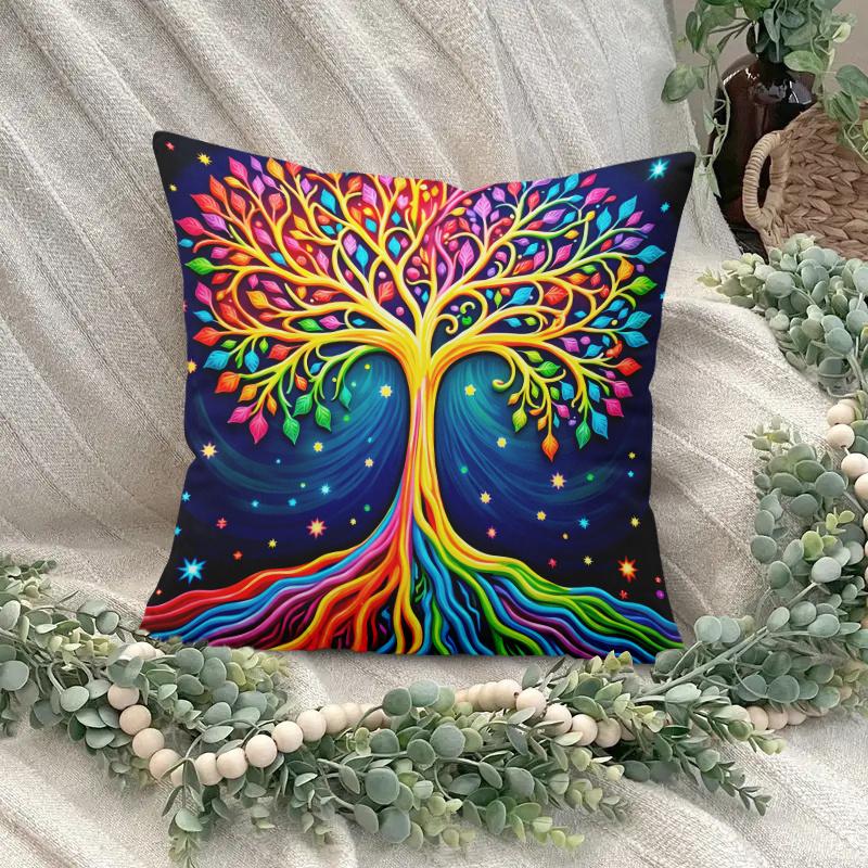 Colorful Tree Of Life Pillow Cover 2D Printed Polyester Sofa Cushion Case For Home, Beach & Camping Decor