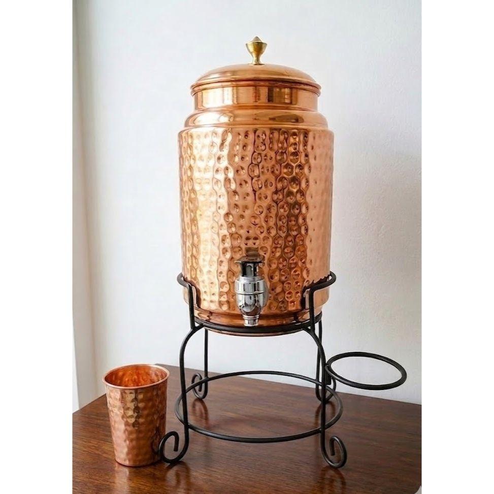 Copper Water Dispenser Set, 5 Litres, with Stand, 1 Glasses and ABS Tap, HaMmered Design (HaMmered Natura)