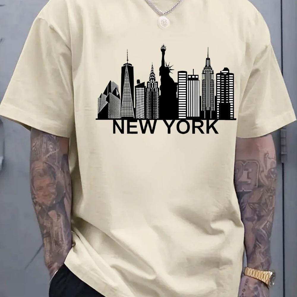Summer Printed Pure Cotton T-shirt Cityscape Printed Men's Cotton T Shirt Casual Crew