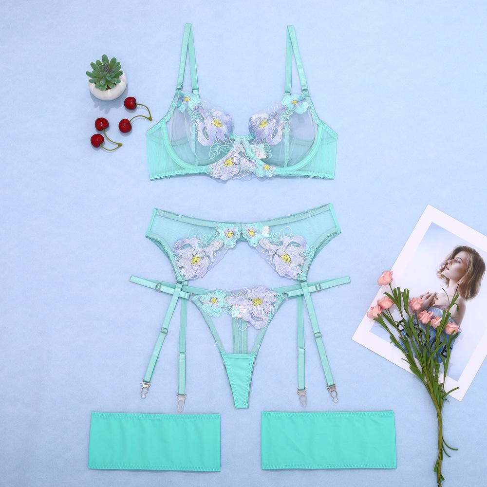 Stylish Steel Ring Embroidery Mesh Garter Belt Set - Multi-Color Body Shaping with Split Design