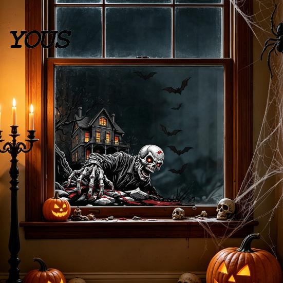 Easy Peel Window Graphics Halloween Spooky Bat Static Clings, Ghost House Glass Stickers, Adhesive-Free Beautification Sets Waterproof Decals for Bar