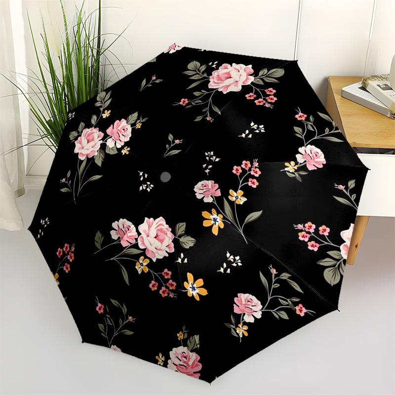 1pc Floral Pattern Black Background Pink Flowers Umbrella with Plastic Handle,Suitable for All Seasons Home Travel Outdoor Umbrellaptys31009