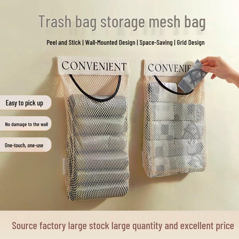 Wall-Mounted Kitchen Organizer: Hanging Mesh Bag & Hook for Plastic Bags & Trash Bags