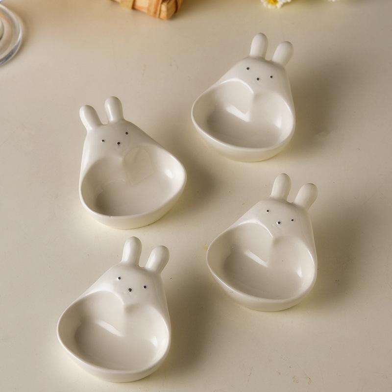 Super fofo coelho de desenho animado molho pires doméstico tridimensional cerâmica pires ketchup lanche prato vinagrete coelho branco