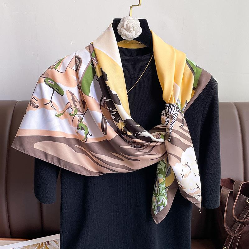 Luxury Brand Square Scarf Design Shawl Wrap 90cm Print Twill Silk Women Hijab Female Foulard Headband Bandana