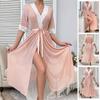Elegant Lace-Trimmed Open-Front V-Neck Satin Bathrobe for Women