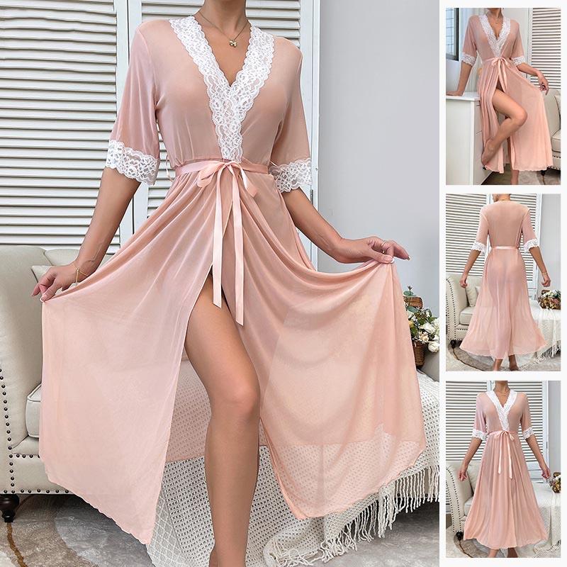 Elegant Lace-Trimmed Open-Front V-Neck Satin Bathrobe for Women