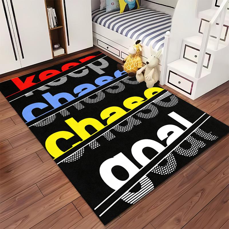 """Moderner schwarzer Teppich mit Keep Chase Ziel-Schriftzug-Design"" Geeignet für den Einsatz als Anti-Rutsch-Matte für Wohnzimmer, Schlafzimmer, Sofas"""