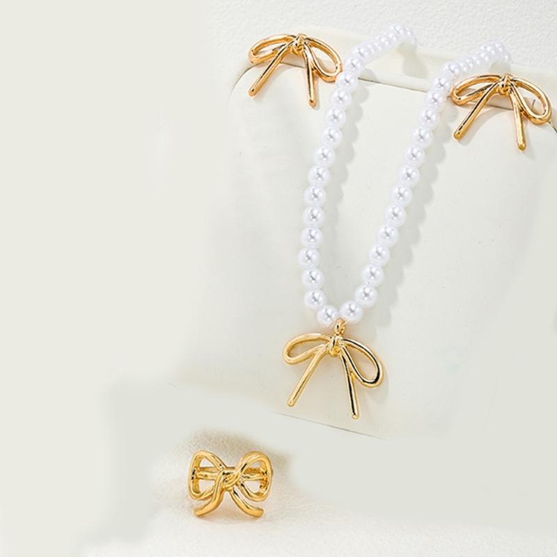 Lovely Bowknot Jewelry Set Dainty Necklace Ear Studs Rings Accessory Elegant Neckchains Earrings Rings Charm Adornment