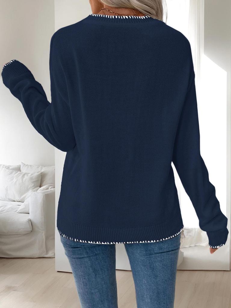 Women's Pink Bow Long Sleeve Christmas Sweater, Autumn/Winter European American Style, Loose Round Neck Knit Top