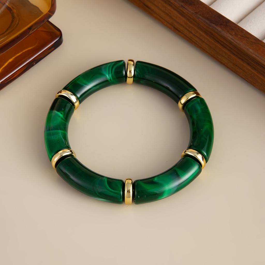 KunJoe 10 Colors Vintage Stackable Leopard Resin Acrylic Bracelets for Women Bohemian Round Tube Beaded Elastic Bangle Bracelet