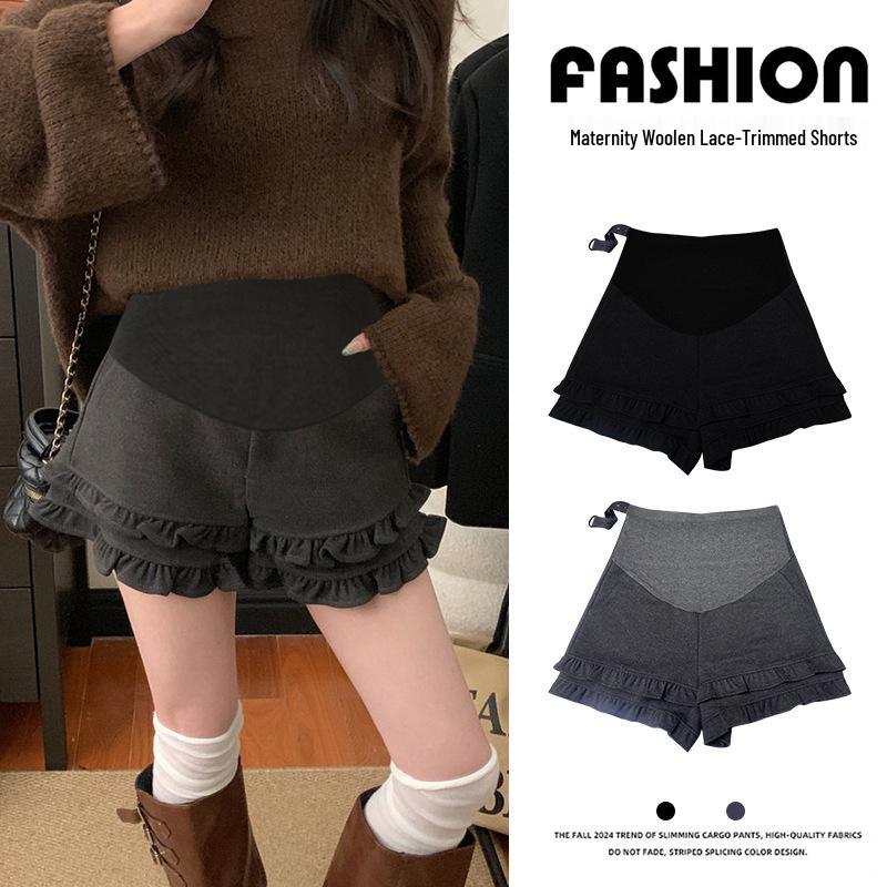 2026 Spring Wool-Blend High-Waisted Lace Wide-Leg Maternity Shorts: Slimming Abdomen Support, Versatile for Autumn/Winter Outerwear M