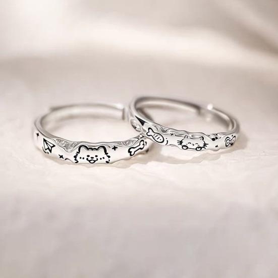 Couple Ring Cartoon Cat Fish Dog Bone Graffiti Design Matte Wavy Edge Textured Surface Finger Ring Non-Oxidizing Jewelry Gift