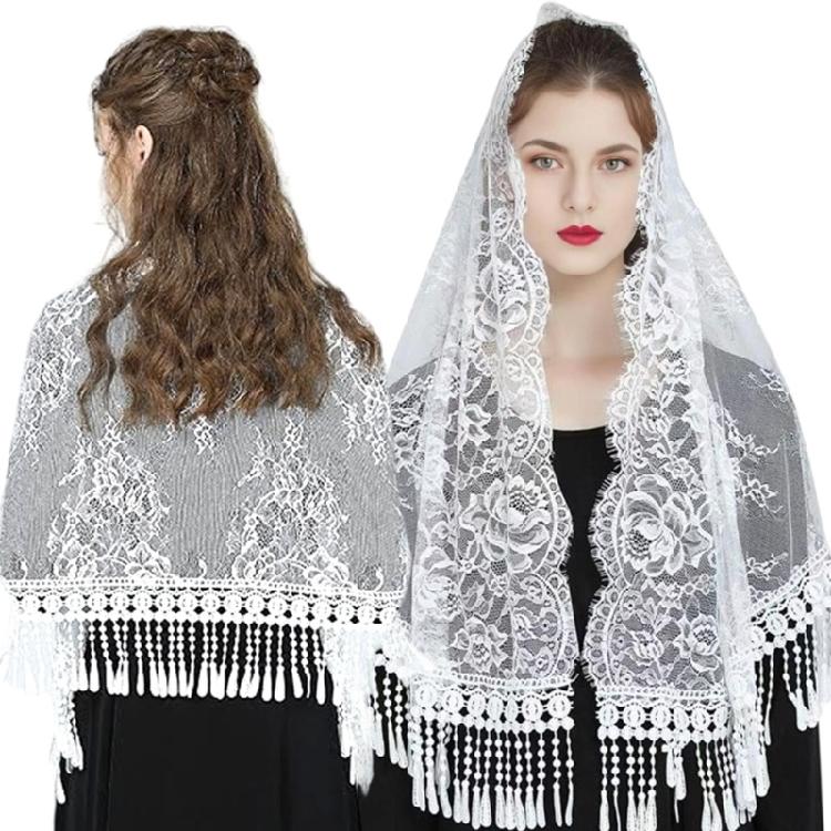 Woman Mantilla Floral Veil Lace Mantilla Veil Tasseled Shawl Headwear Mantilla