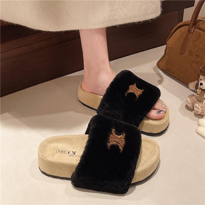 thick-soled one-word fluffy slippers for women to wear outside autumn and winter new fairy versatile thick-soled cotton shoes slippers