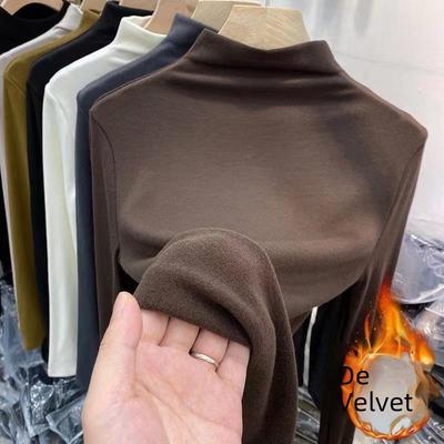Double-Sided Velvet Brushed Half-High Collar Slim Fit Warm Long-Sleeve Shirt for Women - Solid Color, Autumn/Winter.