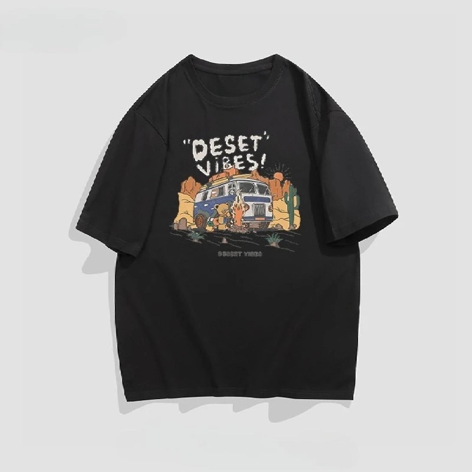 

The Latest 2025 Desert Bear Pattern Printed Fashionable Casual Short-sleeved Men s and Women s Loose Street Top S чёрный