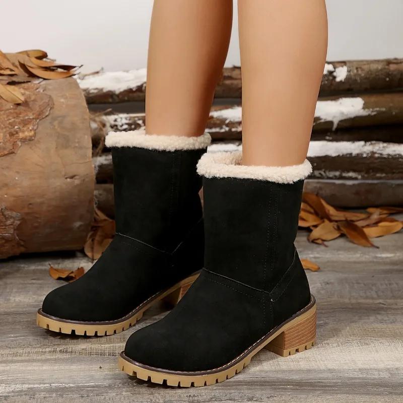 Fashion Women's Boots 2024 High Quality Women's Shoe Set Winter Round Head Solid Color Plush and Velvet Warm Thick Heel Snow Boots