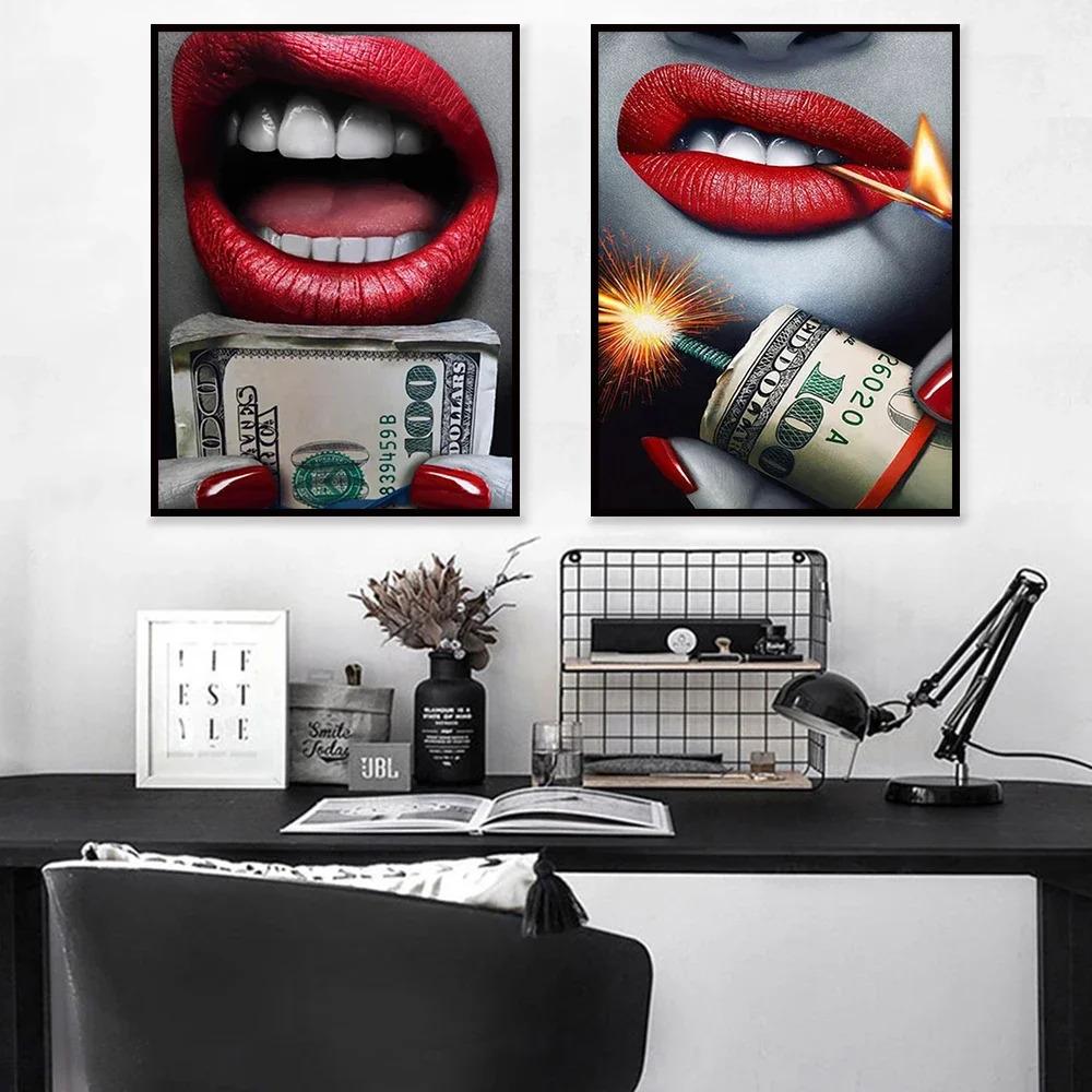 Sexy Woman Red Lips Money Rose Wall Art Posters Modern Home Living Room Bedroom Decorative Canvas Painting Picture Print Artwork
