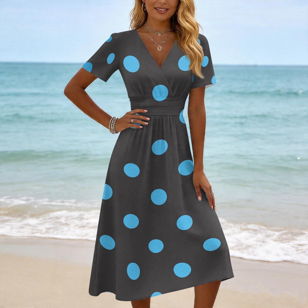 Robe midi à pois pour femme, col en V, manches courtes, pour le printemps, robes pour femme, robes d'été pour femme, robes longues pour femme, robes d'été pour femme