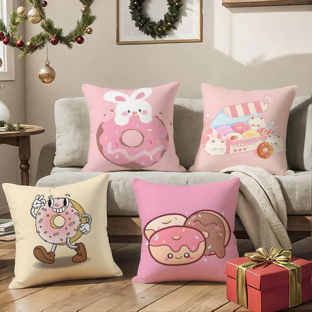 Food Lovers Cartoon Cute Donuts Pillow Case Silky Elegant Comfort Sofa Bed  Invisible Zipper Beach Pillowcase