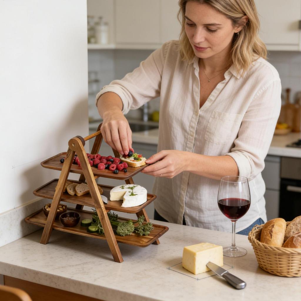3 Tier Tray Stand Rectangle Wooden Plate Snack Serving Tray Detachable Fruit Dessert Stand Food Placement Bracket for Home Deco
