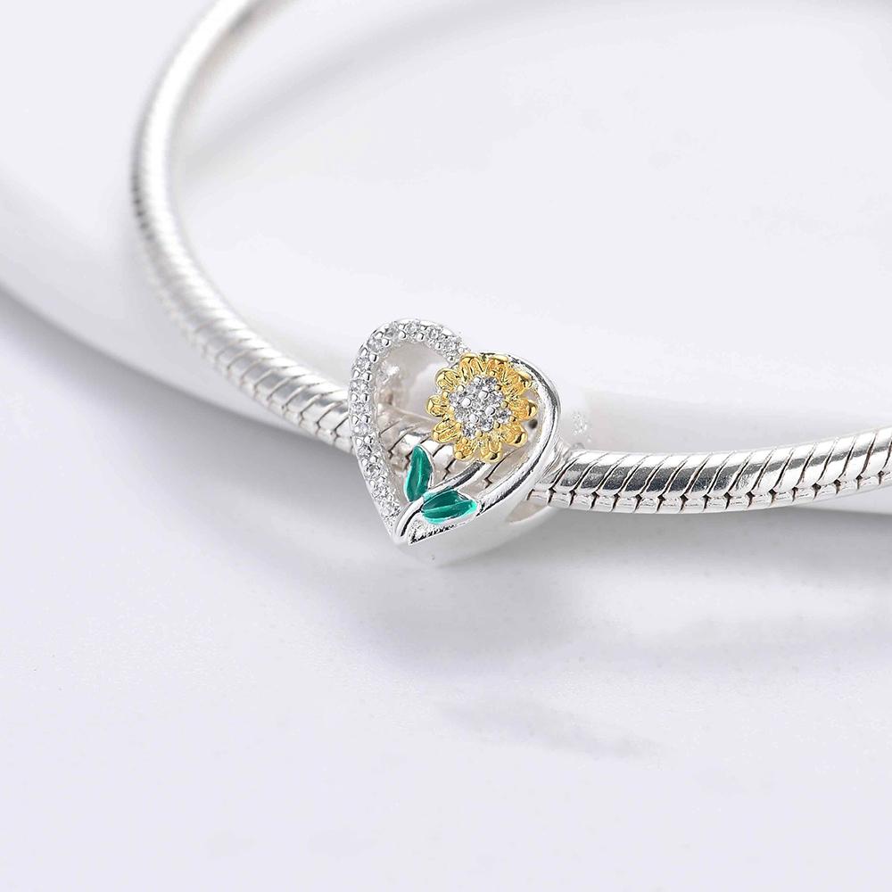 New 925 Silver Fashion Golden Sunflowers Heart Charm Beads Fit Pendant Original Bracelets Party Gift DIY Jewelry