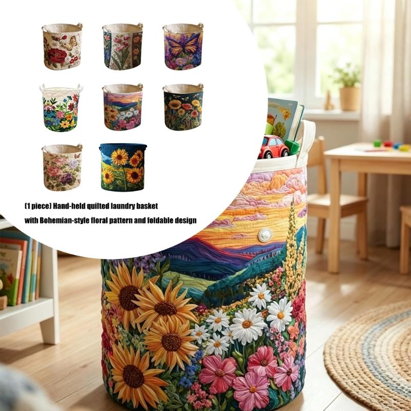 Stylish Quilted Foldable Laundry Hamper With Bohemians Floral Design And Sturdy Handles Handheld Washing Organizers Bag
