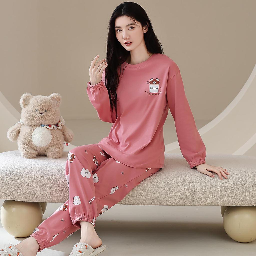 Ensemble de Pyjama pour Femme 100% Coton – Respirant, Absorbant la Sueur, Manches Longues Col Rond pour Porter à l'Intérieur et à l'Extérieur (Automne hiver)