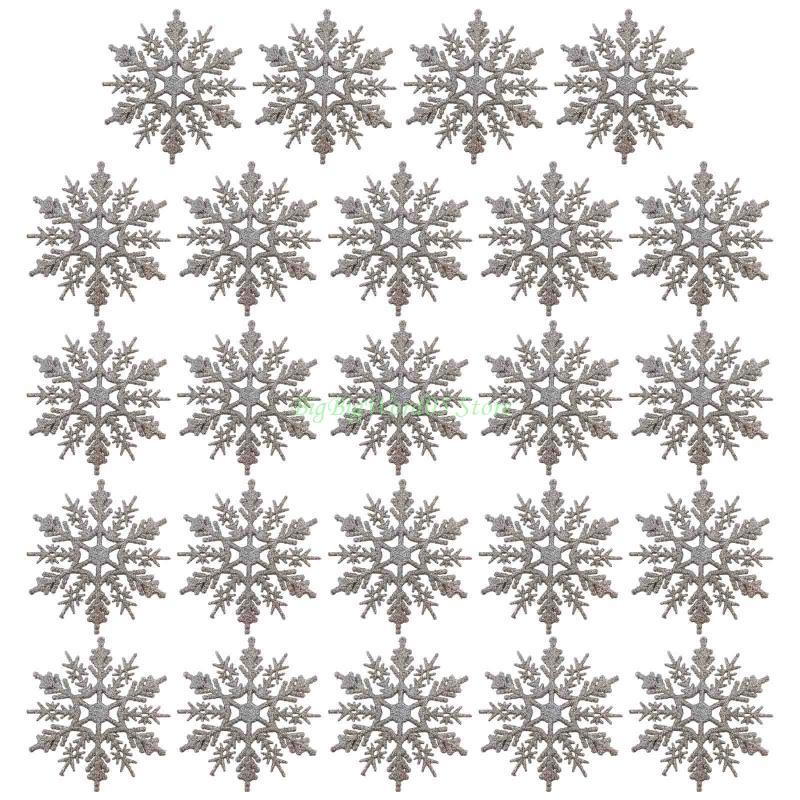 24TE Christmas Snowflake Pendant 24pcs/set Glitter Plastic Hanging Pendant Ornament for Xmas Tree Window Wall Decoration