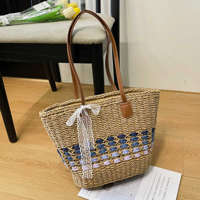 Seaside Straw Bag Women's Large Capacity Beach Bucket Bag Woven Vegetable Basket Summer Commuter Shoulder Tote Bag