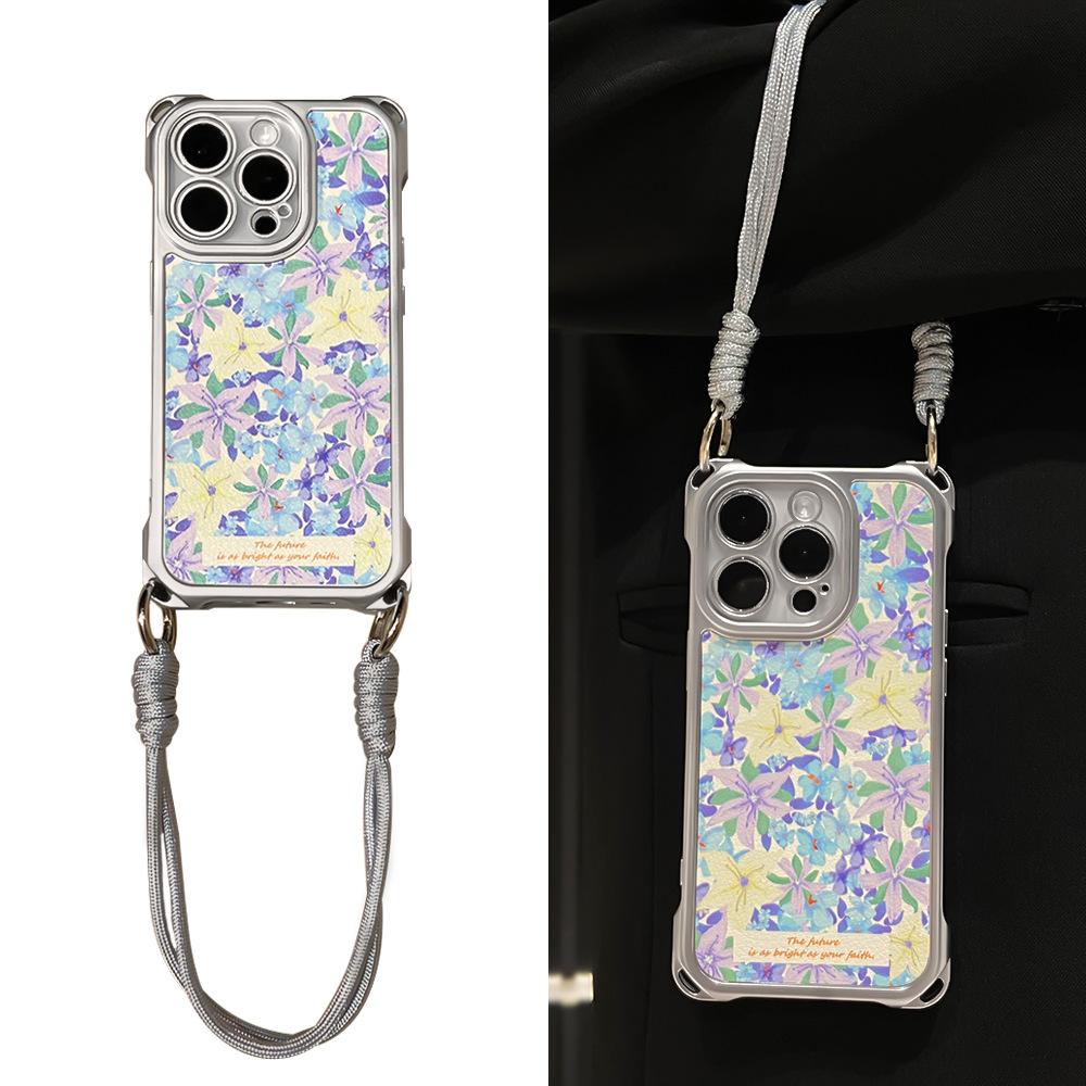 Suitable for iPhone 16Pro Mobile Phone Case Niche Advanced Full Screen Purple Flower Messenger Lanyard Apple 15 Protective Case
