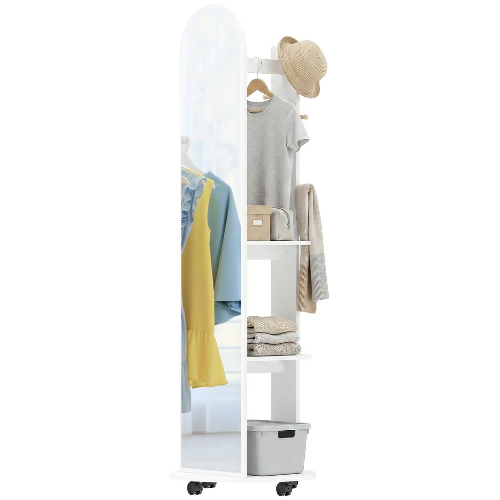 2-in-1 Full Length Mirror with Storage Shelves, Floor Mirror with 4 Wheels, Coat Rack, Hooks, White