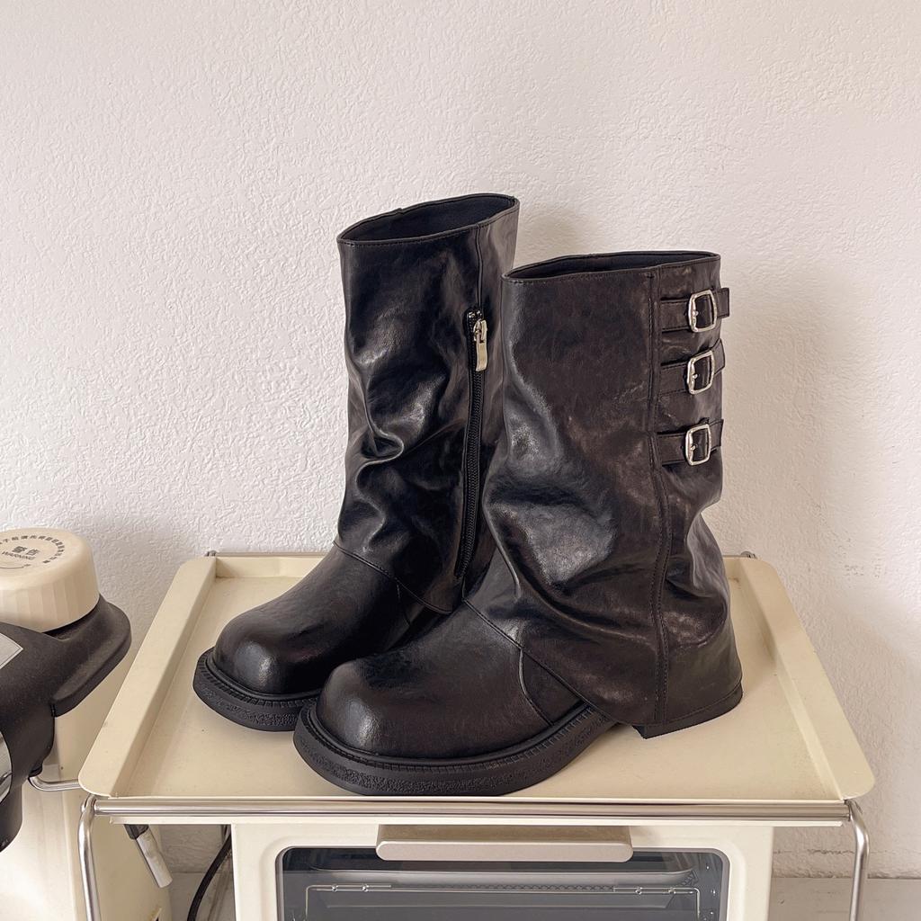 Brown retro trouser boots women's 2025 new autumn thick-soled heightening small knight boots temperament short boots