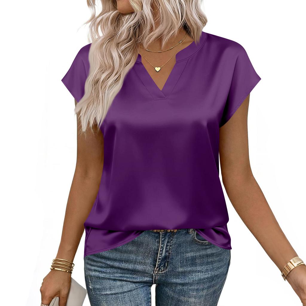 Damesblouse van satijn: Zomershirt met V-hals, losvallende casual top