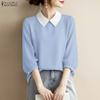 ZANZEA Women Casual Turn Down Collar 3/4 Sleeve Loose Blouse