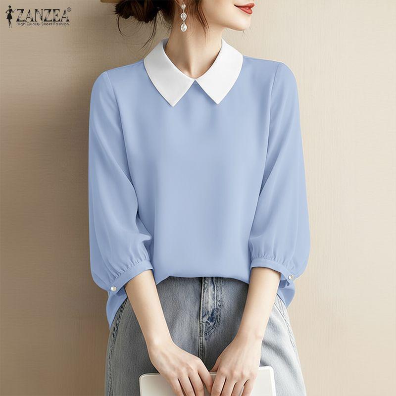 ZANZEA Women Casual Turn Down Collar 3/4 Sleeve Loose Blouse