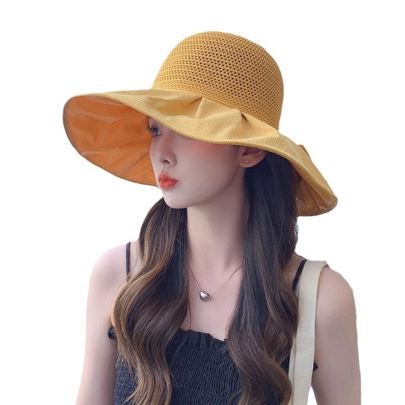 Hat Female Travel Color Glue Bucket Hat Mesh Bow Sun Hat New Sun Hat Tide