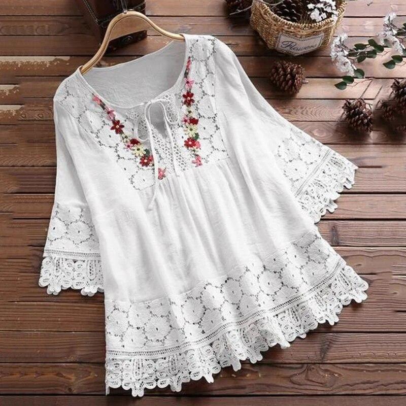 Letní bavlněná lněná prošívaná krajková halenka dámská výstřih do V volná bílá košile žena vyšívaná vintage zvonové rukávy topy 30659