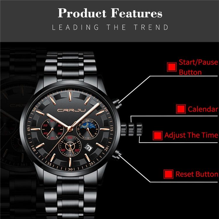 CRRJU Nové pánské sportovní hodinky s ocelovým páskem Móda Business Šestipinový multifunkční chronograf