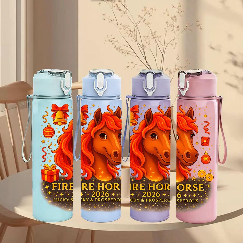 1PC Folk Style Horse Floral Wreath Print 750ml Color Plastic Sports Water Bottle Leakproof Flip Straw Lid Suitable for Sports Office Home Use