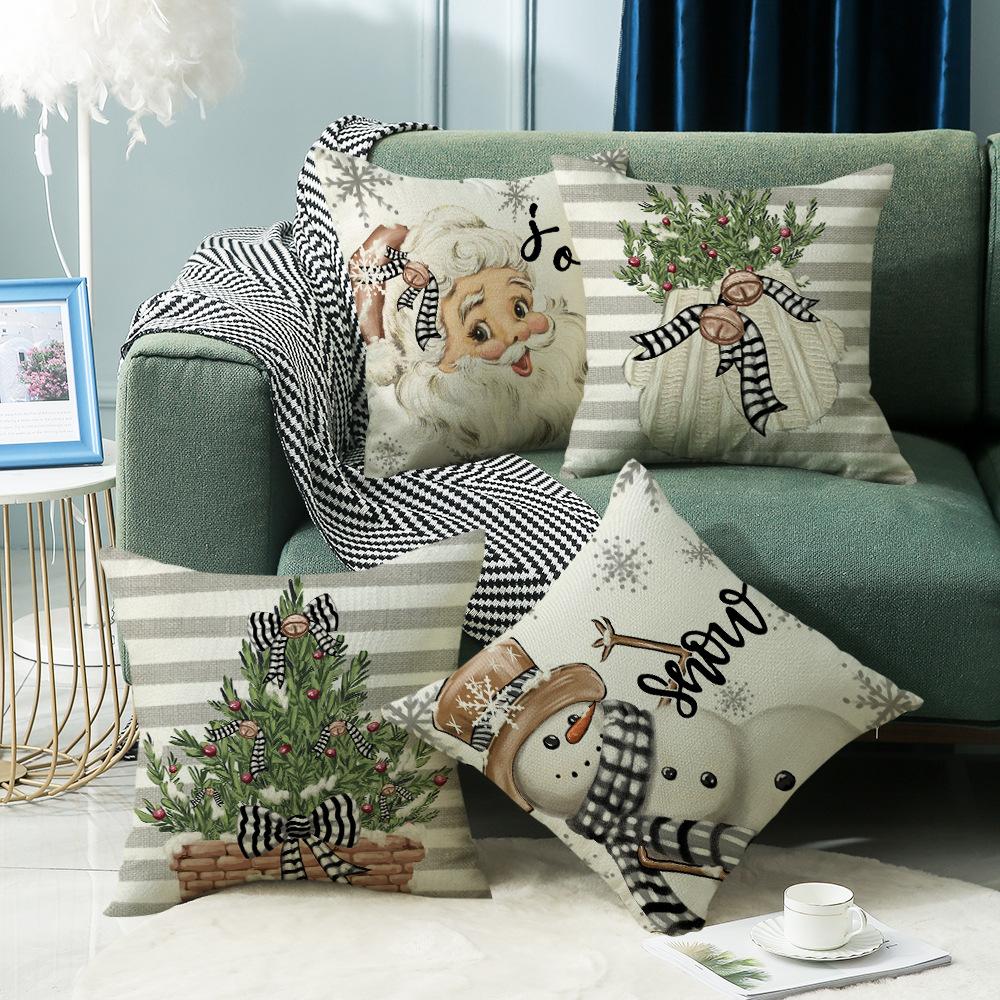 Christmas Pillow Cover Simple Snowman Linen Letter Print Sofa Cushion Home Pillow Cover