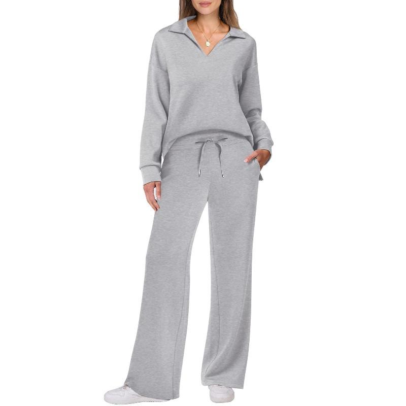 VEZFAA Damesmode Casual Lente Herfst Effen Kleur Print Lange Mouw POLO Hals Broek Pakken