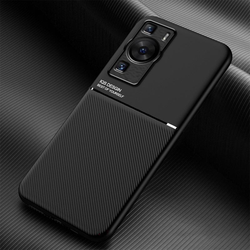 

For Huawei P60 Lines Imprinted Anti-drop Phone Cover PU Leather+TPU Case Black