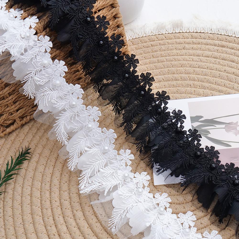 1M White 3D Rose Lace Trim Flower Embroidery With Pearl Wedding Dress Decor Tassel Patch DIY Crafts Supplies Needlework Ribbon