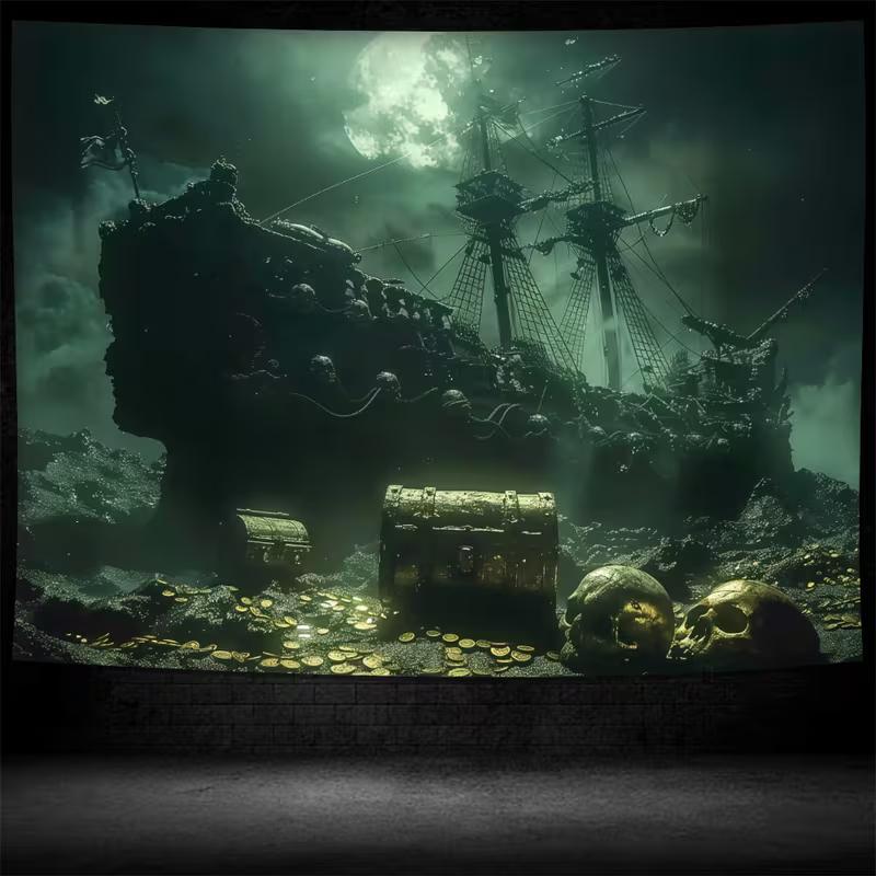 2D Piratenschatz Wandteppich, Dunkles Meer Geisterschiff & Mond Wandkunst für Heimdekoration